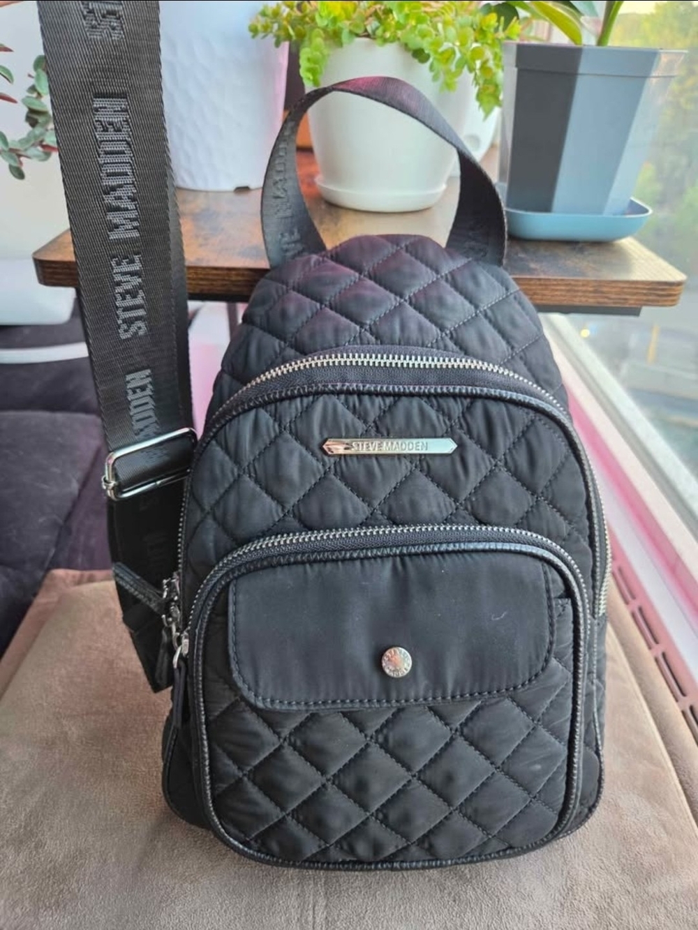 Steve Madden Black Quilted Mini Crossbody Backpack